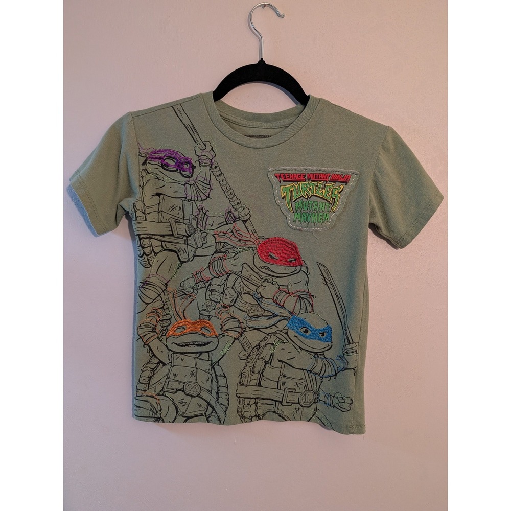 TMNT Mutant‎ Mayhem Boys Sage Green Graphic T-Shirt Embroidered Size 7 Medium